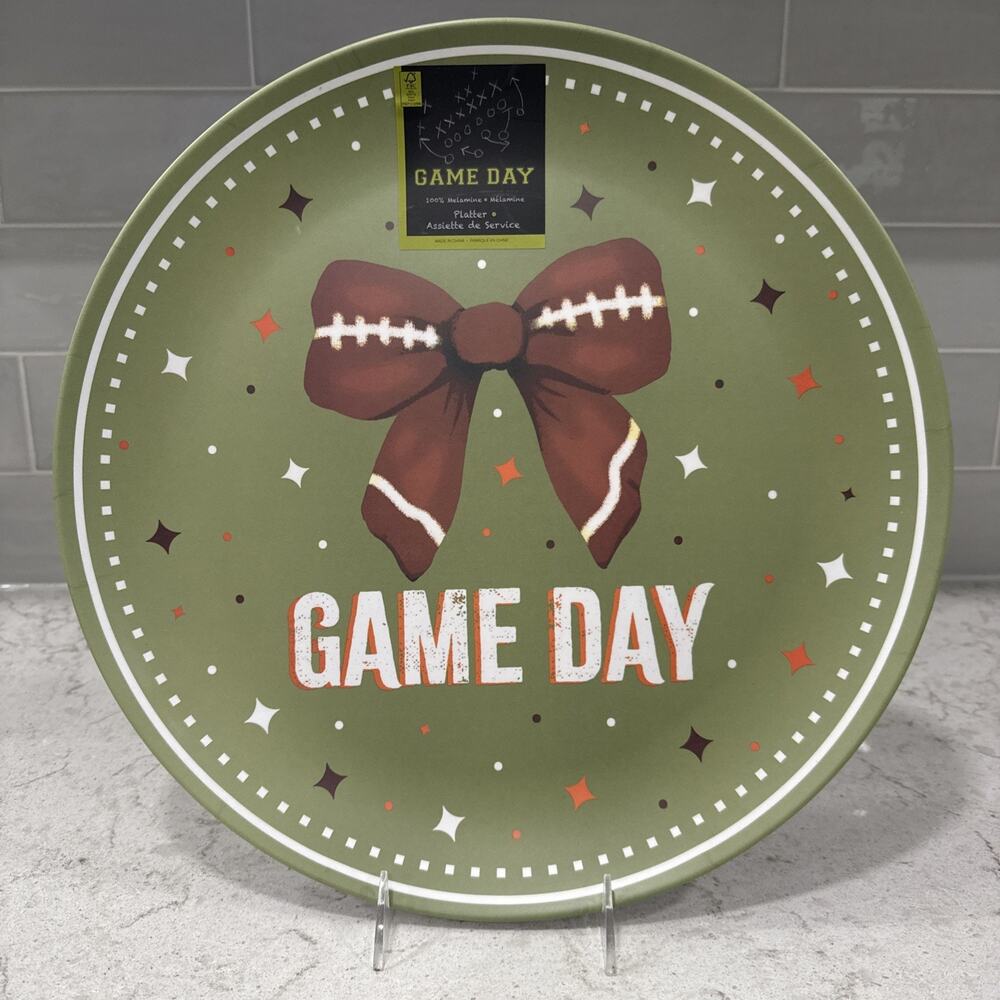 Game Day FOOTBALL Themed 15” Round Melamine Serving Platter Plate Tray NEW